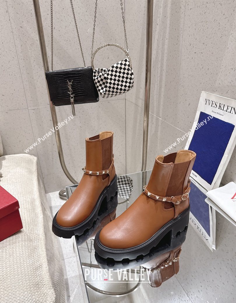 Valentino Rockstud Strap Heel Ankle Boots 5.5cm in Calfskin Leather Brown 2025 1028 (MD-251028014)