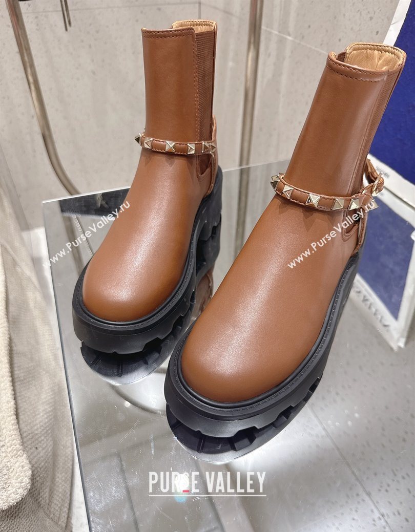 Valentino Rockstud Strap Heel Ankle Boots 5.5cm in Calfskin Leather Brown 2025 1028 (MD-251028014)
