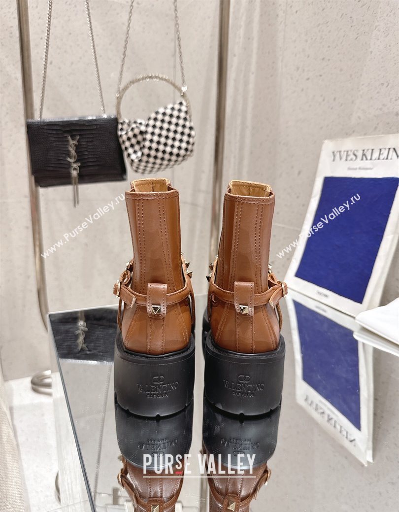 Valentino Rockstud Strap Heel Ankle Boots 5.5cm in Calfskin Leather Brown 2025 1028 (MD-251028014)