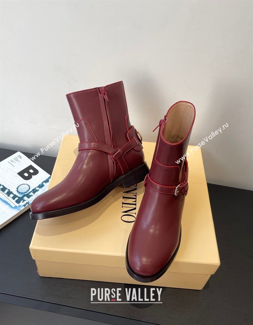 Valentino VLogo Signature Strap Flat Ankle Boots in Calfskin Leather Burgundy 2025 1028 (HQG-251028023)