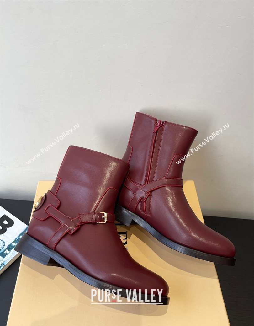 Valentino VLogo Signature Strap Flat Ankle Boots in Calfskin Leather Burgundy 2025 1028 (HQG-251028023)