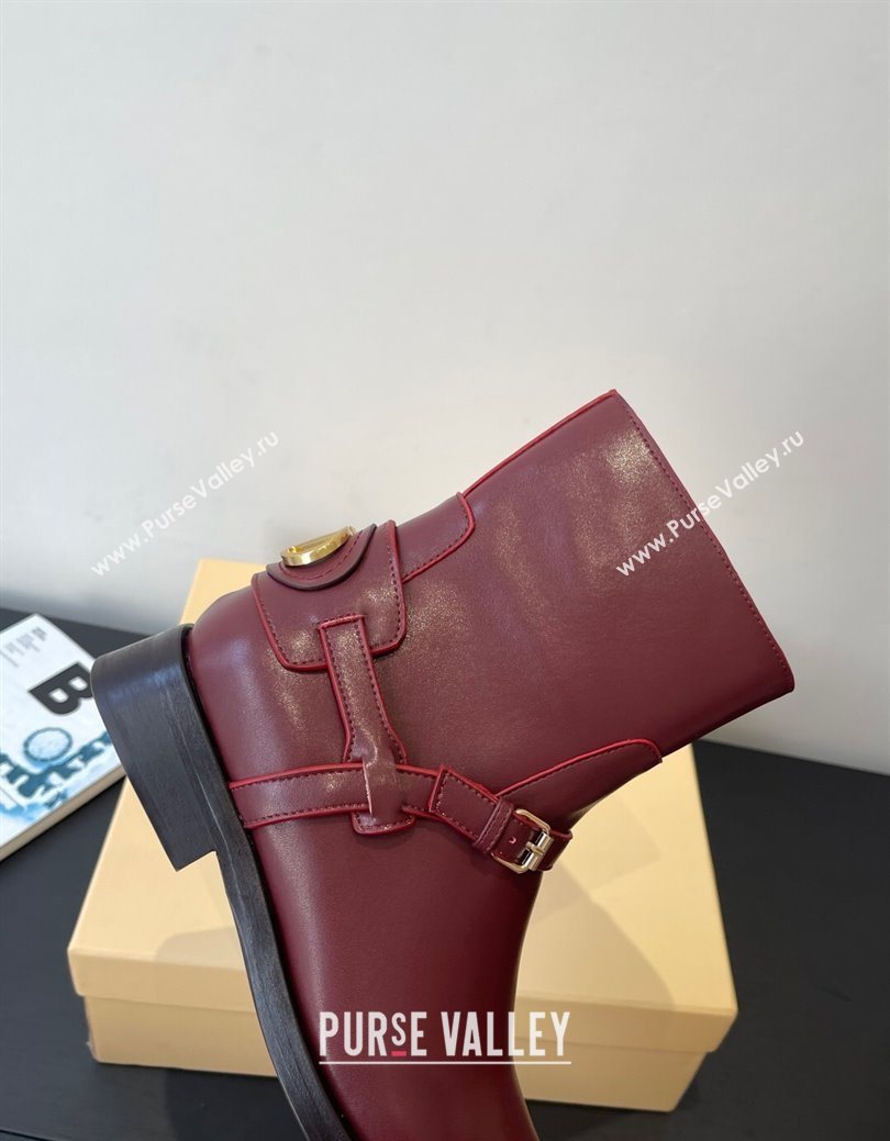 Valentino VLogo Signature Strap Flat Ankle Boots in Calfskin Leather Burgundy 2025 1028 (HQG-251028023)