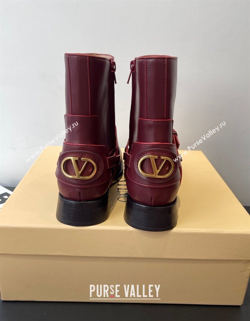 Valentino VLogo Signature Strap Flat Ankle Boots in Calfskin Leather Burgundy 2025 1028 (HQG-251028023)