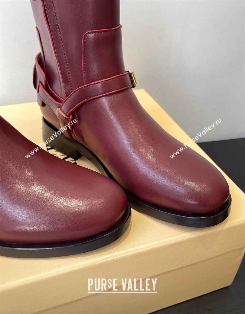 Valentino VLogo Signature Strap Flat Ankle Boots in Calfskin Leather Burgundy 2025 1028 (HQG-251028023)