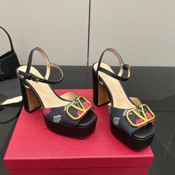 Valentino VLogo Signature Cherryfic Platform Sandals in Denim and Leather Black2 2025 1028 (MD-251028003)