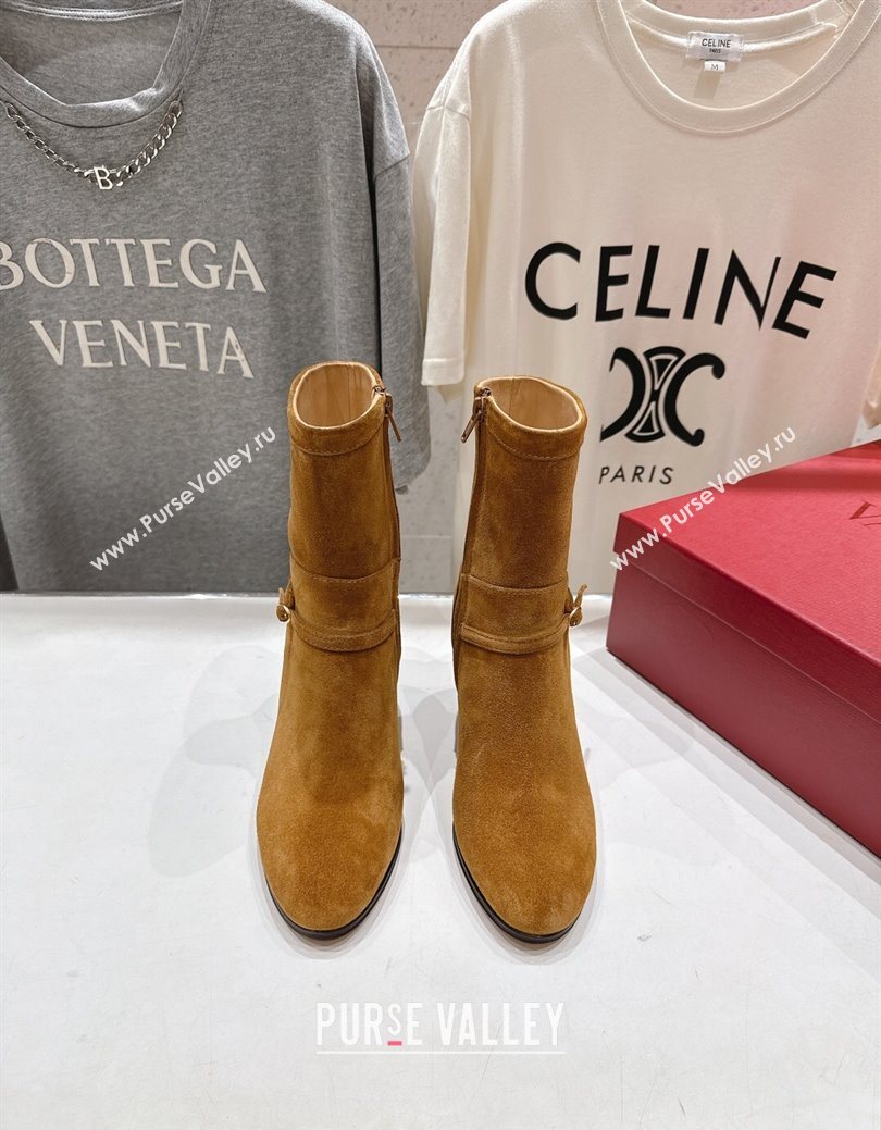 Valentino Suede Heel Ankle Boots 7.5cm with Buckle Brown Yellow 2025 1028 (MD-251028032)