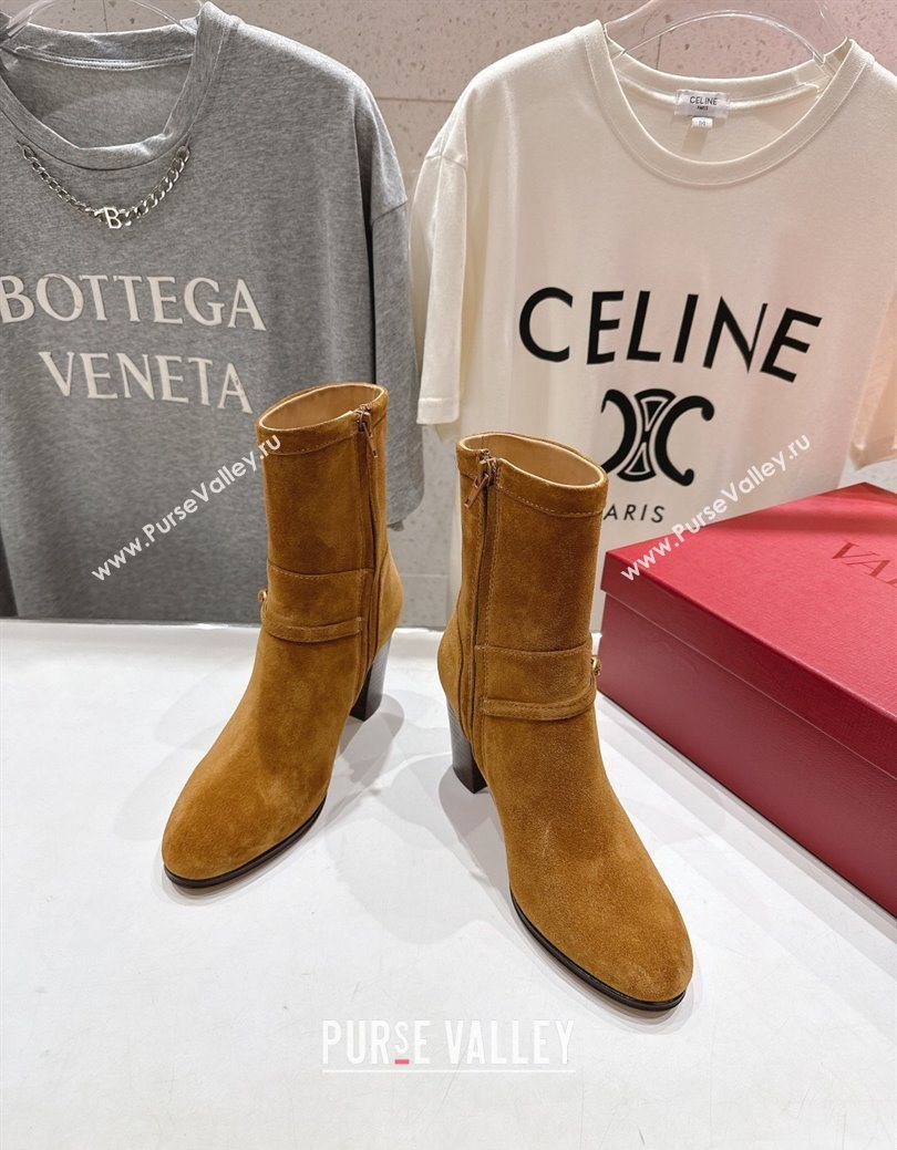 Valentino Suede Heel Ankle Boots 7.5cm with Buckle Brown Yellow 2025 1028 (MD-251028032)