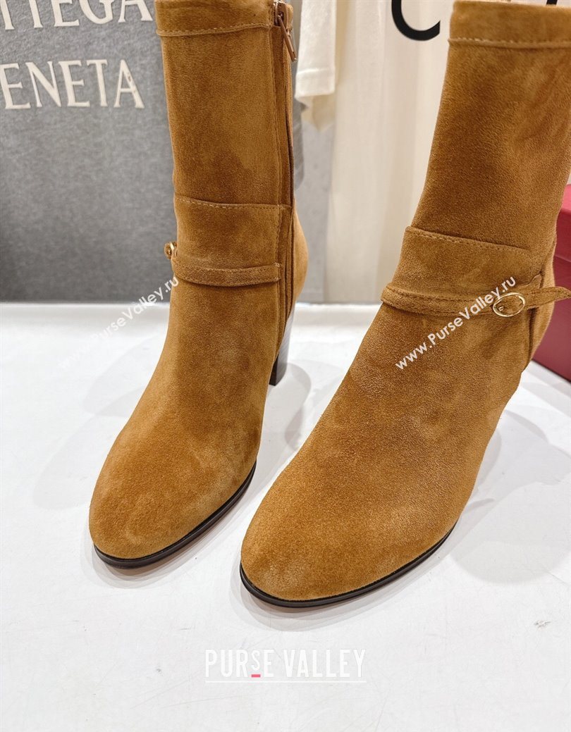 Valentino Suede Heel Ankle Boots 7.5cm with Buckle Brown Yellow 2025 1028 (MD-251028032)