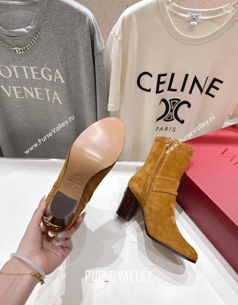 Valentino Suede Heel Ankle Boots 7.5cm with Buckle Brown Yellow 2025 1028 (MD-251028032)