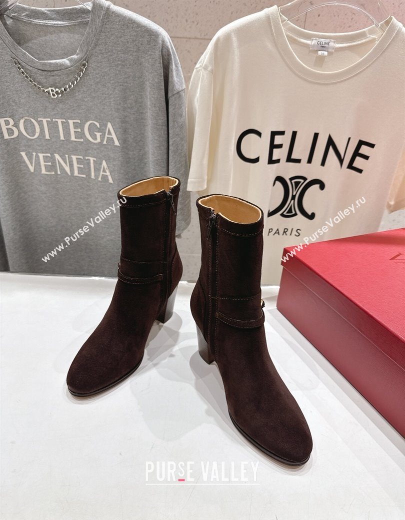 Valentino Suede Heel Ankle Boots 7.5cm with Buckle Dark Brown 2025 1028 (MD-251028033)