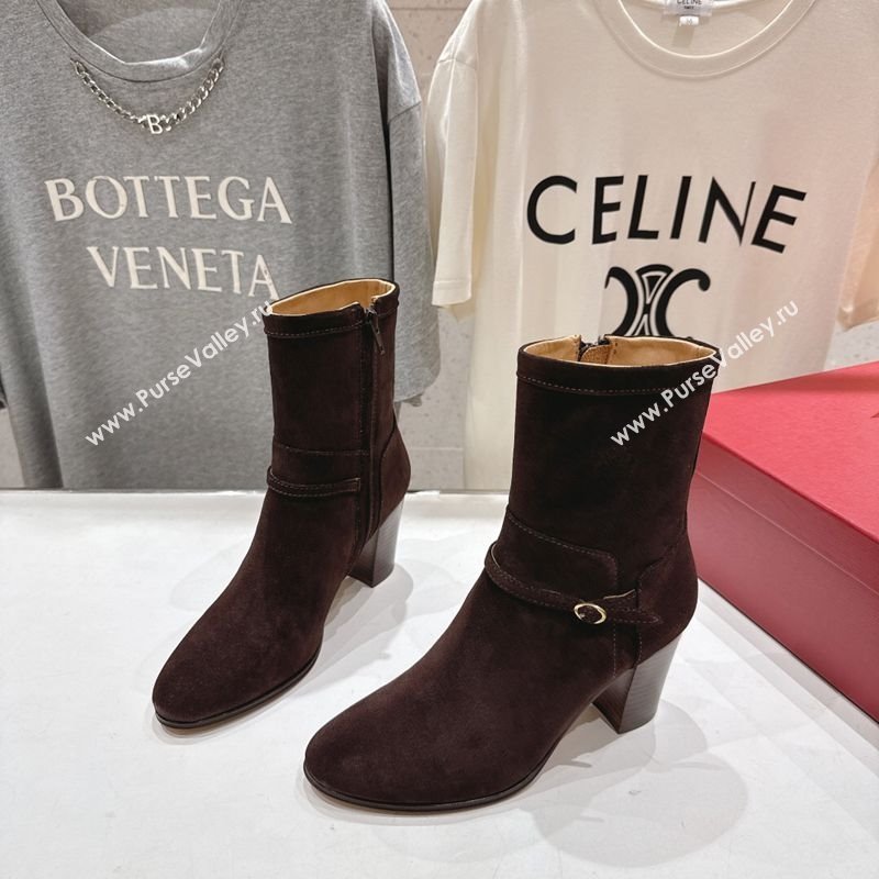 Valentino Suede Heel Ankle Boots 7.5cm with Buckle Dark Brown 2025 1028 (MD-251028033)