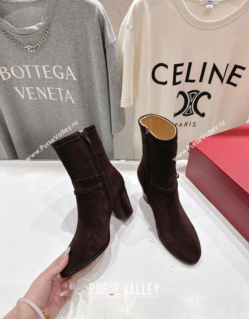 Valentino Suede Heel Ankle Boots 7.5cm with Buckle Dark Brown 2025 1028 (MD-251028033)