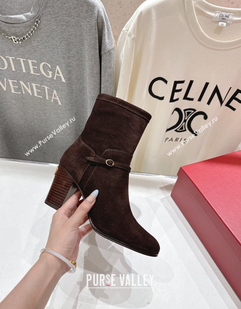 Valentino Suede Heel Ankle Boots 7.5cm with Buckle Dark Brown 2025 1028 (MD-251028033)