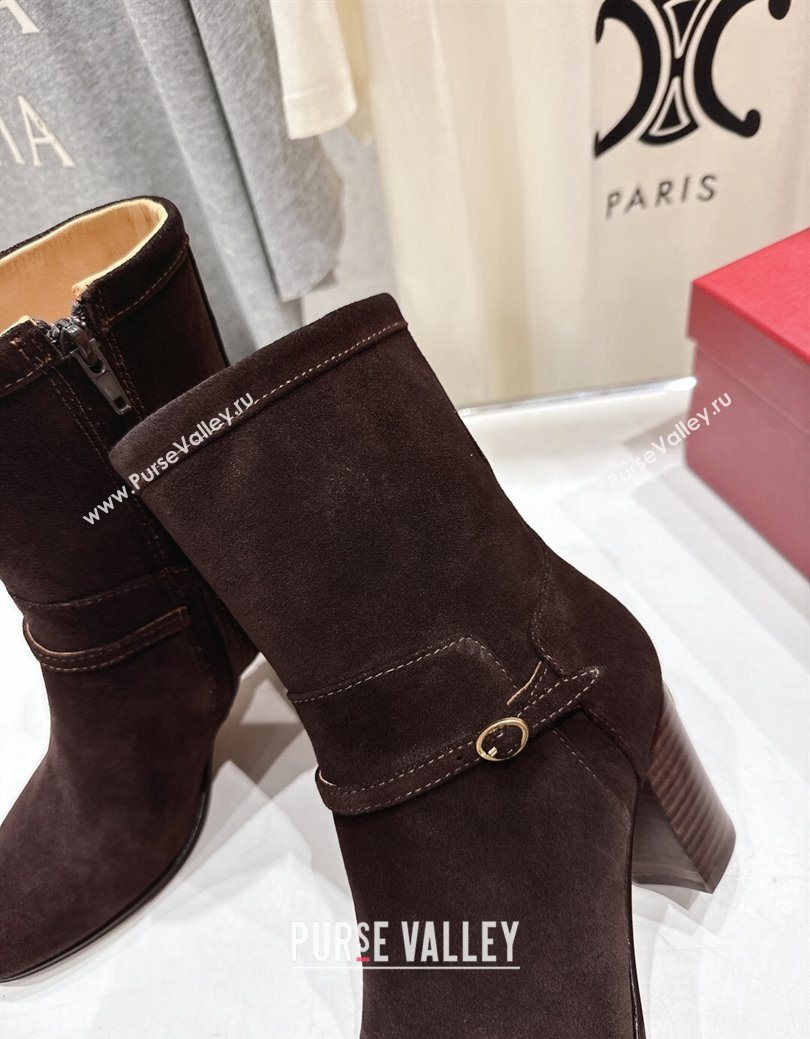 Valentino Suede Heel Ankle Boots 7.5cm with Buckle Dark Brown 2025 1028 (MD-251028033)