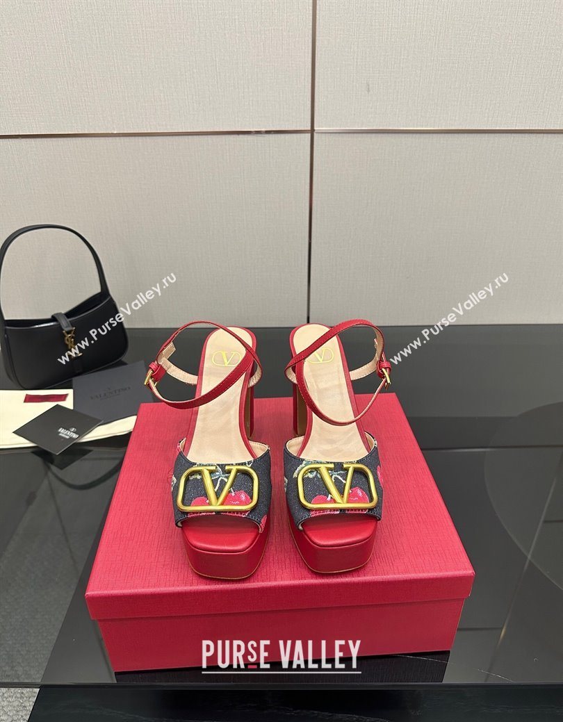 Valentino VLogo Signature Cherryfic Platform Sandals in Denim and Leather Black/Red 2025 1028 (MD-251028004)