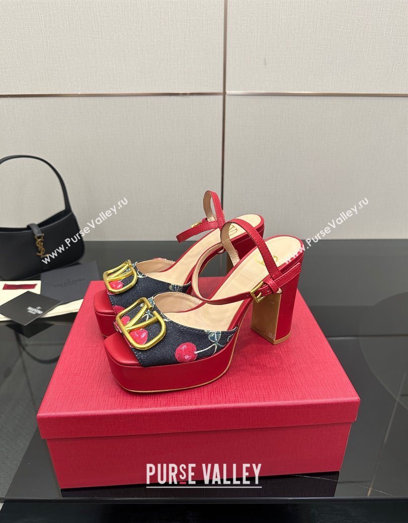 Valentino VLogo Signature Cherryfic Platform Sandals in Denim and Leather Black/Red 2025 1028 (MD-251028004)
