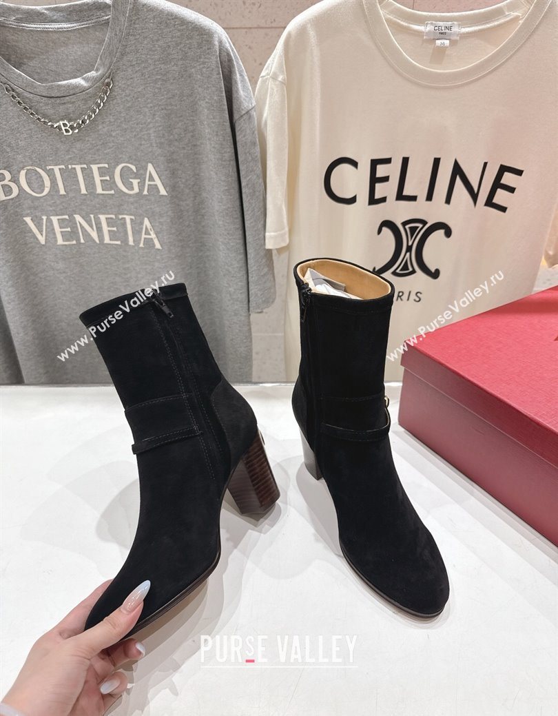 Valentino Suede Heel Ankle Boots 7.5cm with Buckle Black 2025 1028 (MD-251028034)