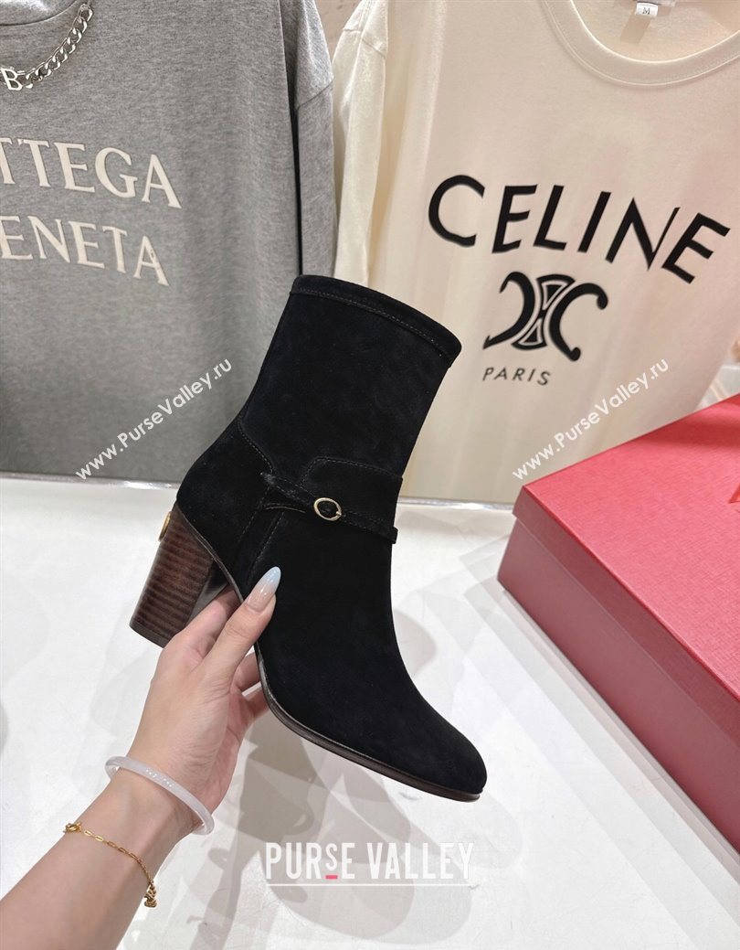 Valentino Suede Heel Ankle Boots 7.5cm with Buckle Black 2025 1028 (MD-251028034)