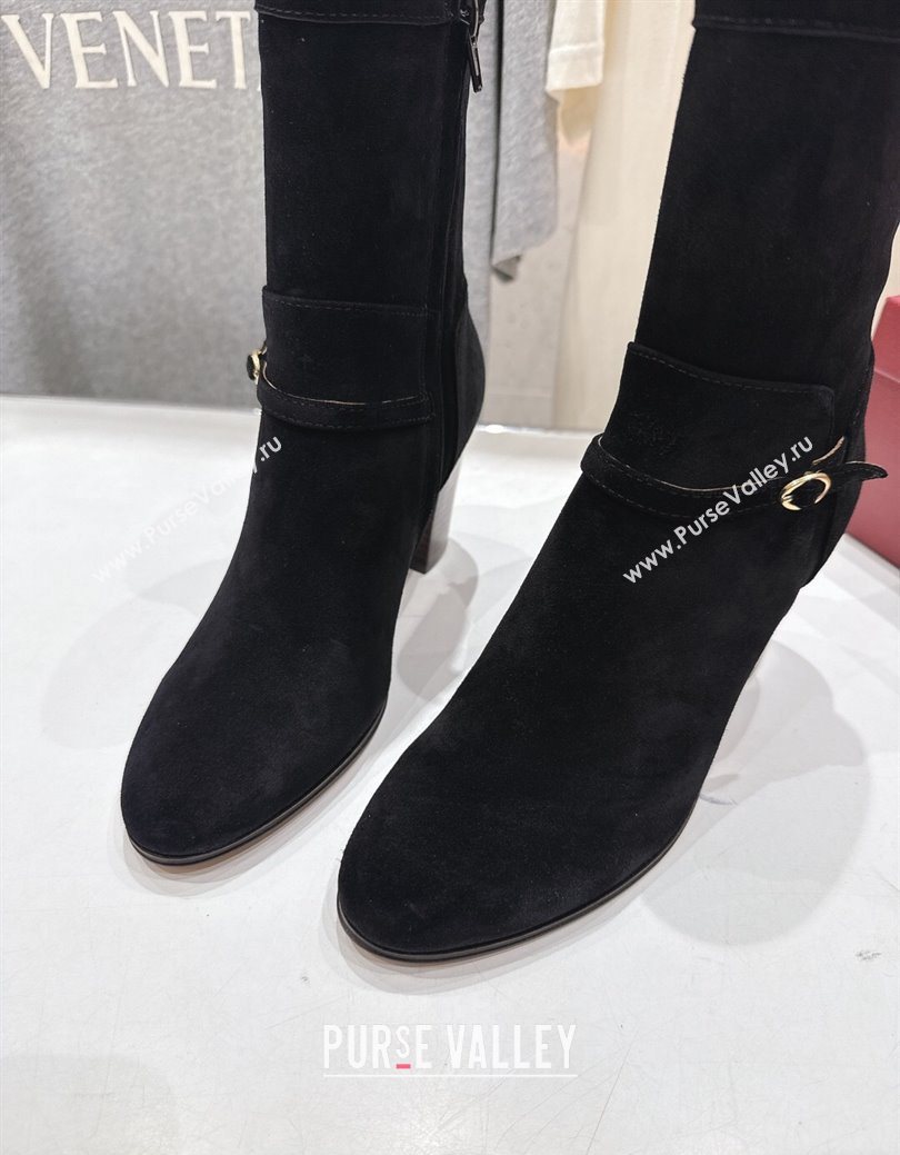 Valentino Suede Heel Ankle Boots 7.5cm with Buckle Black 2025 1028 (MD-251028034)