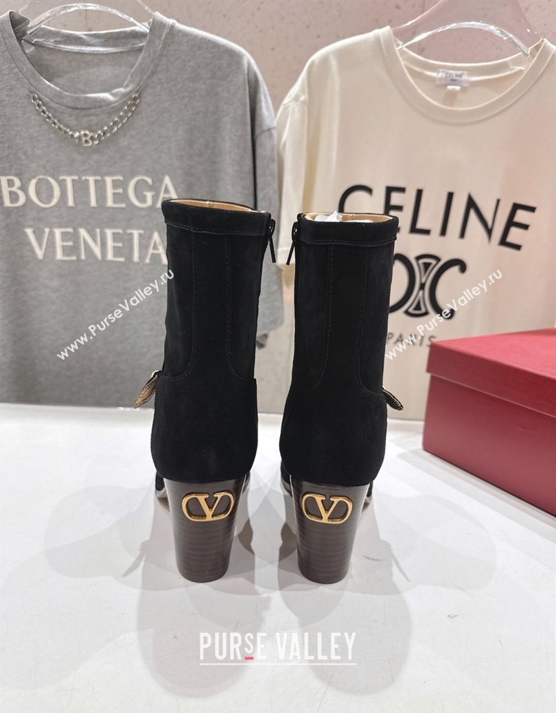 Valentino Suede Heel Ankle Boots 7.5cm with Buckle Black 2025 1028 (MD-251028034)