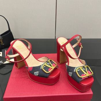 Valentino VLogo Signature Cherryfic Platform Sandals in Denim and Leather Black/Red 2025 1028 (MD-251028004)