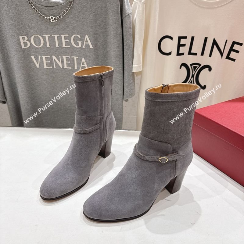 Valentino Suede Heel Ankle Boots 7.5cm with Buckle Grey 2025 1028 (MD-251028035)