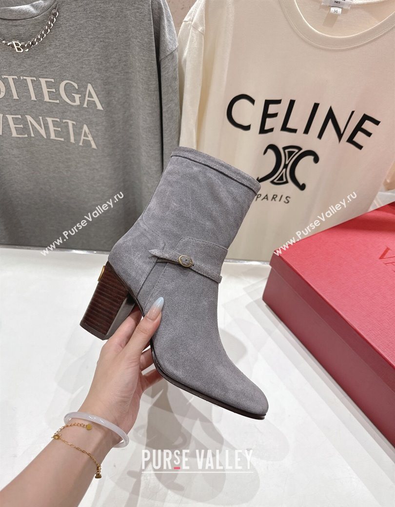 Valentino Suede Heel Ankle Boots 7.5cm with Buckle Grey 2025 1028 (MD-251028035)