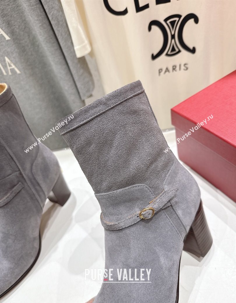 Valentino Suede Heel Ankle Boots 7.5cm with Buckle Grey 2025 1028 (MD-251028035)