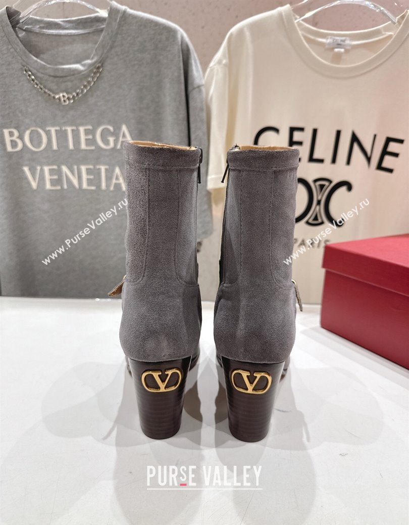 Valentino Suede Heel Ankle Boots 7.5cm with Buckle Grey 2025 1028 (MD-251028035)