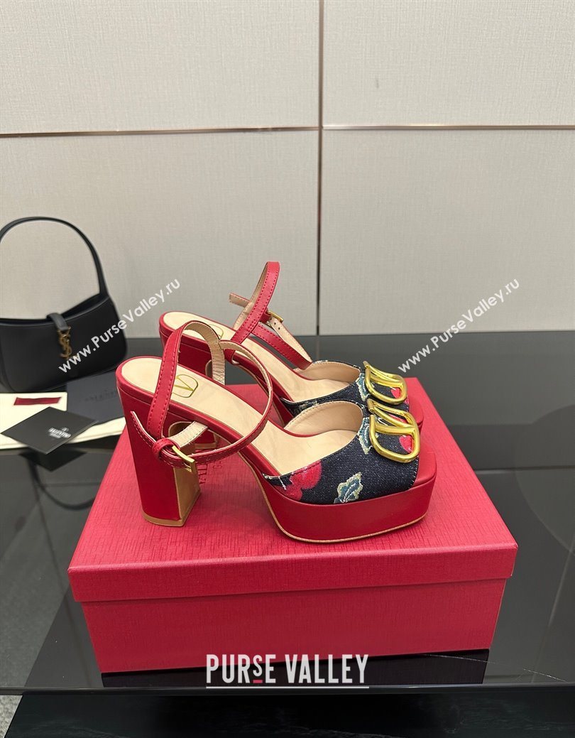 Valentino VLogo Signature Cherryfic Platform Sandals in Denim and Leather Black/Red 2025 1028 (MD-251028004)