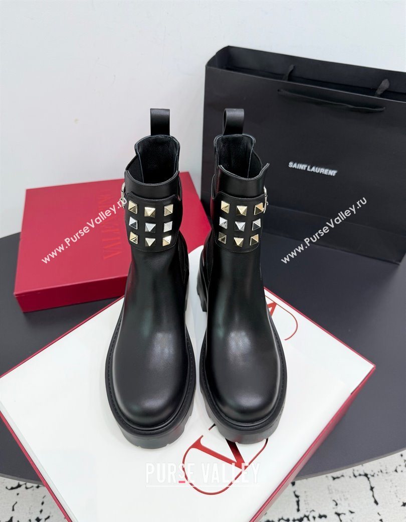 Valentino Rockstud Strap Heel Ankle Boots 5.5cm in Calfskin Leather Brown 2025 1027 (KER-251028018)