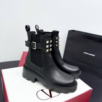 Valentino Rockstud Strap Heel Ankle Boots 5.5cm in Calfskin Leather Brown 2025 1027 (KER-251028018)