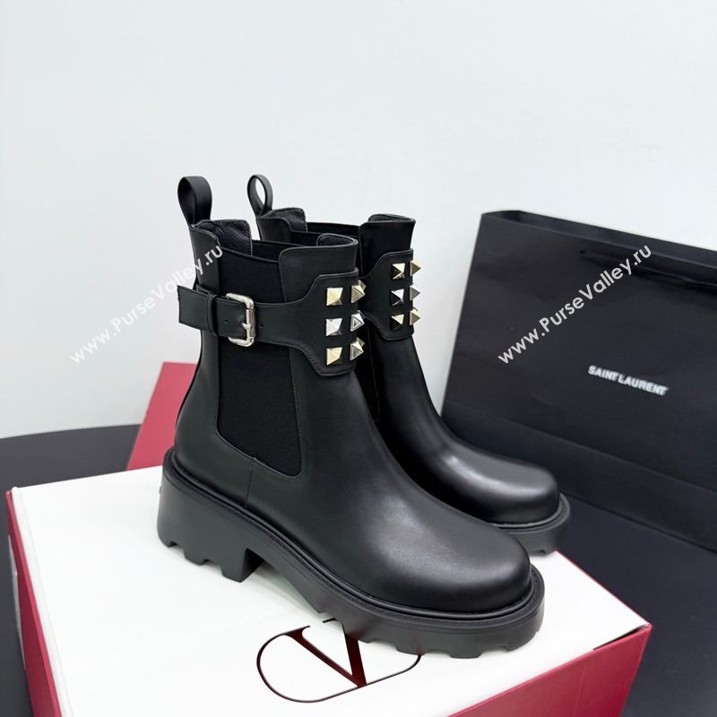 Valentino Rockstud Strap Heel Ankle Boots 5.5cm in Calfskin Leather Brown 2025 1027 (KER-251028018)