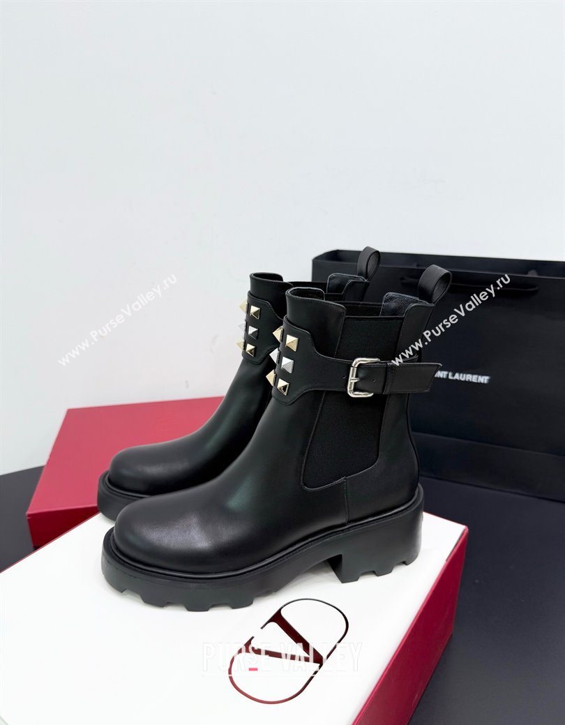 Valentino Rockstud Strap Heel Ankle Boots 5.5cm in Calfskin Leather Brown 2025 1027 (KER-251028018)