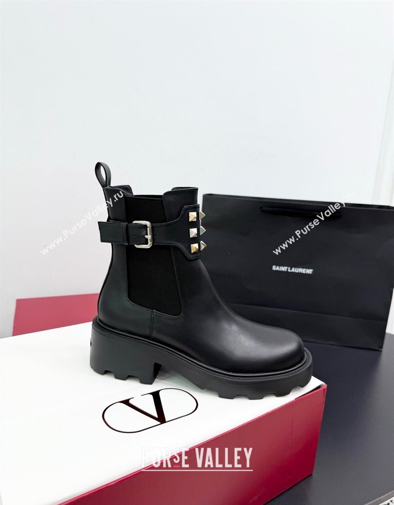 Valentino Rockstud Strap Heel Ankle Boots 5.5cm in Calfskin Leather Brown 2025 1027 (KER-251028018)
