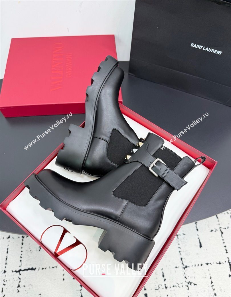 Valentino Rockstud Strap Heel Ankle Boots 5.5cm in Calfskin Leather Brown 2025 1027 (KER-251028018)