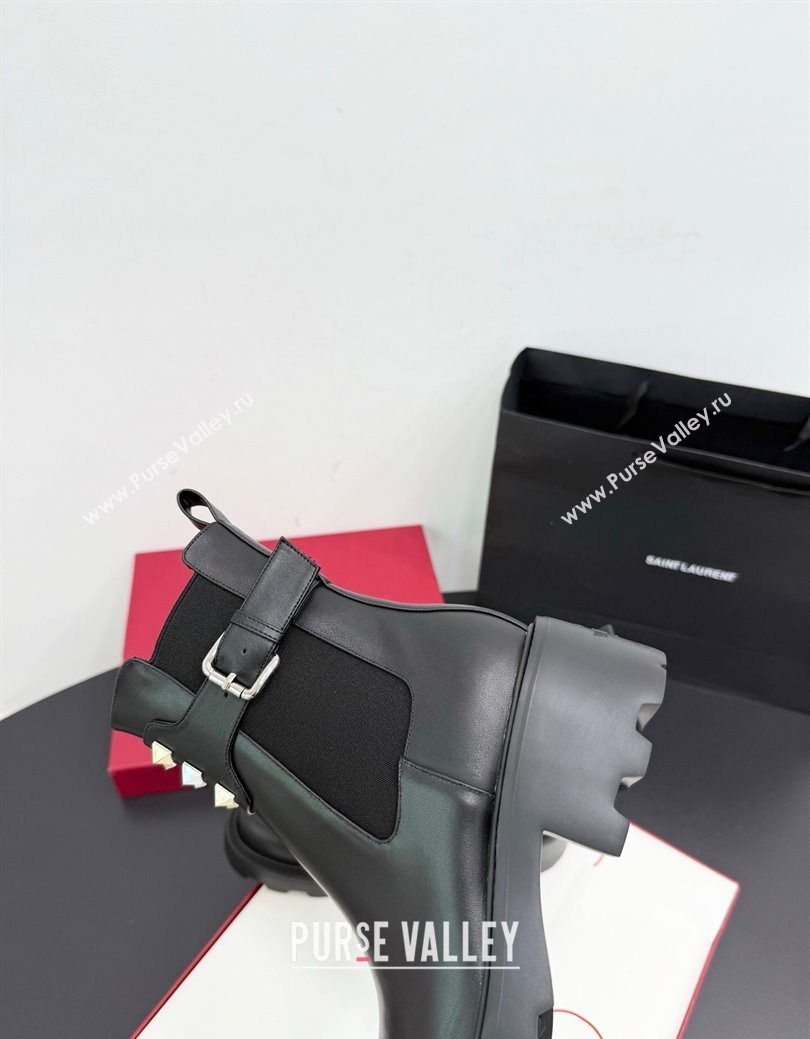 Valentino Rockstud Strap Heel Ankle Boots 5.5cm in Calfskin Leather Brown 2025 1027 (KER-251028018)