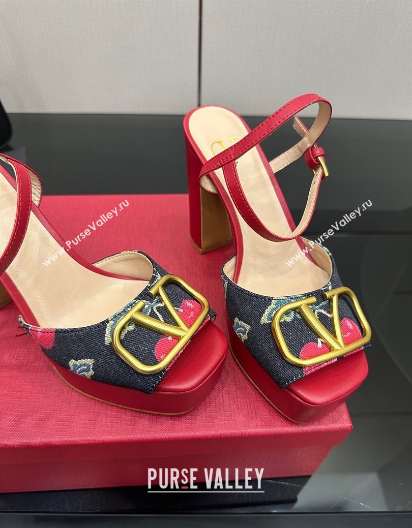 Valentino VLogo Signature Cherryfic Platform Sandals in Denim and Leather Black/Red 2025 1028 (MD-251028004)