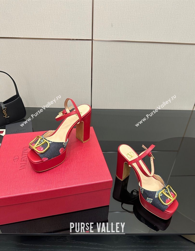 Valentino VLogo Signature Cherryfic Platform Sandals in Denim and Leather Black/Red 2025 1028 (MD-251028004)