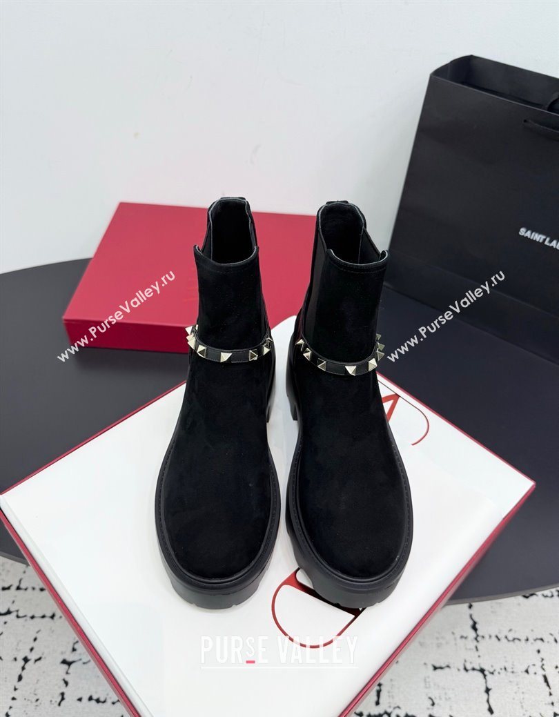 Valentino Rockstud Strap Heel Ankle Boots 5.5cm in Suede Black 2025 1028 (KER-251028020)