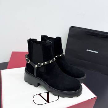 Valentino Rockstud Strap Heel Ankle Boots 5.5cm in Suede Black 2025 1028 (KER-251028020)