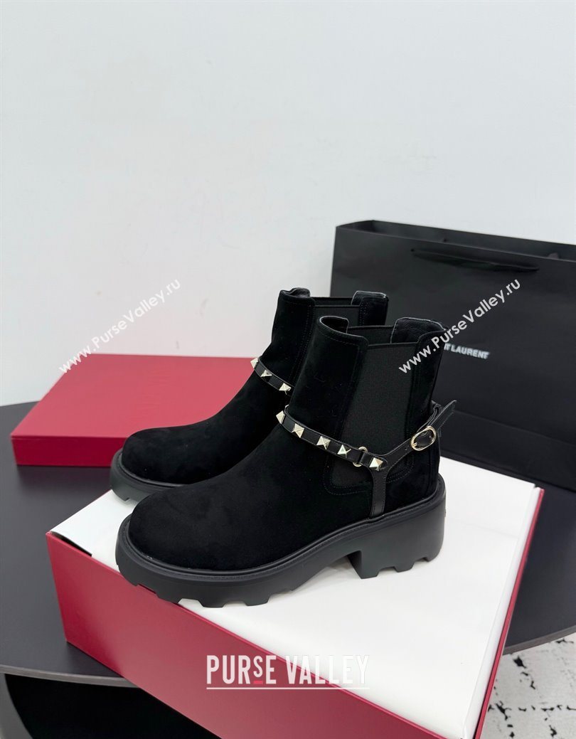 Valentino Rockstud Strap Heel Ankle Boots 5.5cm in Suede Black 2025 1028 (KER-251028020)