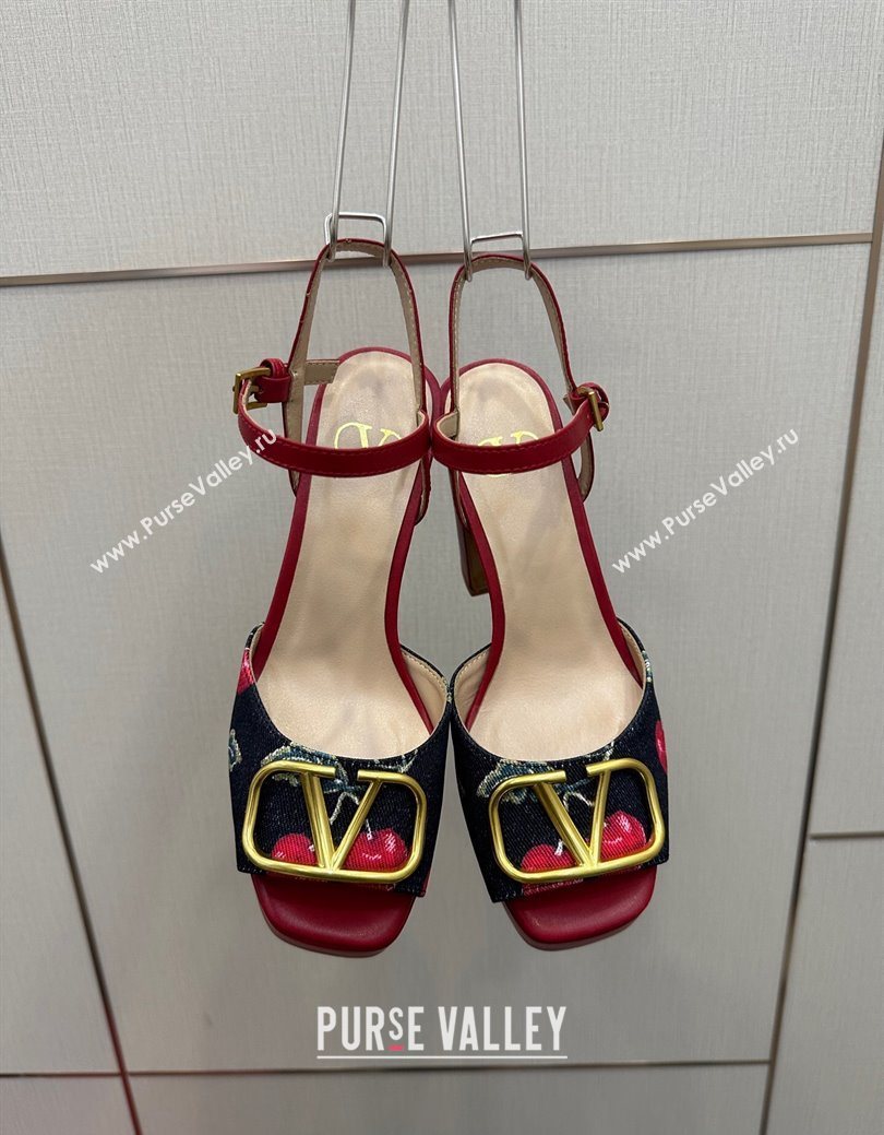 Valentino VLogo Signature Cherryfic Platform Sandals in Denim and Leather Black/Red 2025 1028 (MD-251028004)