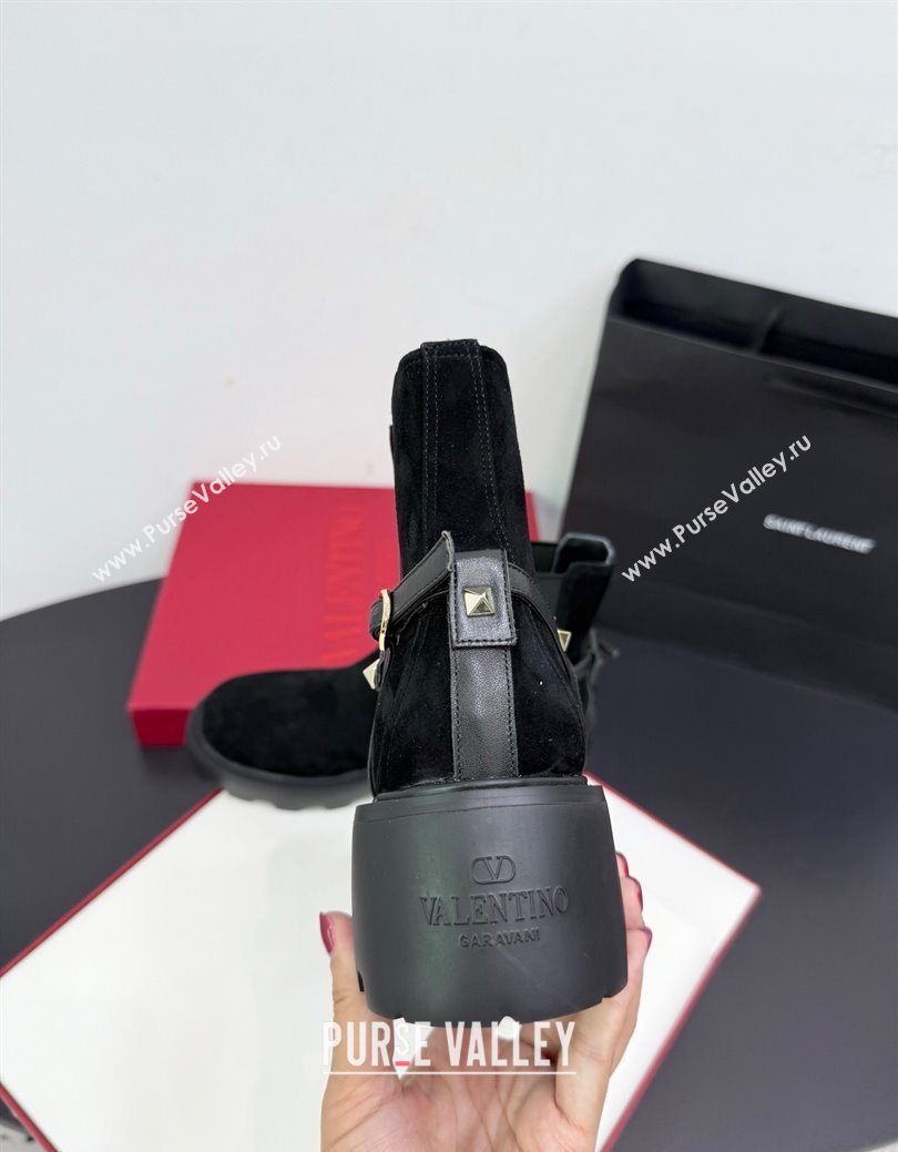 Valentino Rockstud Strap Heel Ankle Boots 5.5cm in Suede Black 2025 1028 (KER-251028020)