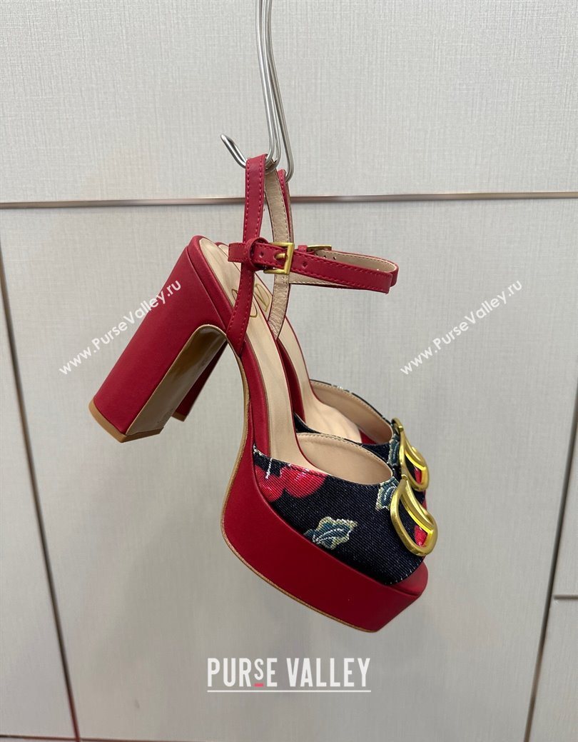 Valentino VLogo Signature Cherryfic Platform Sandals in Denim and Leather Black/Red 2025 1028 (MD-251028004)