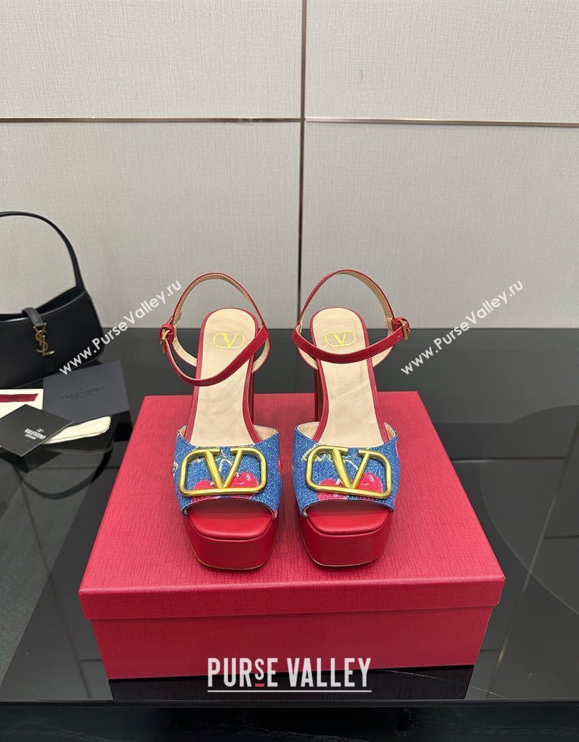 Valentino VLogo Signature Cherryfic Platform Sandals in Denim and Leather Blue/Red 2025 1028 (MD-251028005)