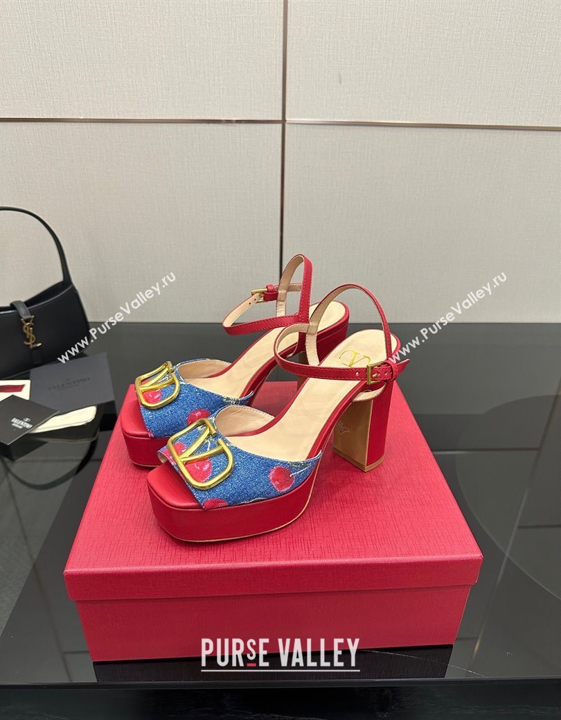 Valentino VLogo Signature Cherryfic Platform Sandals in Denim and Leather Blue/Red 2025 1028 (MD-251028005)