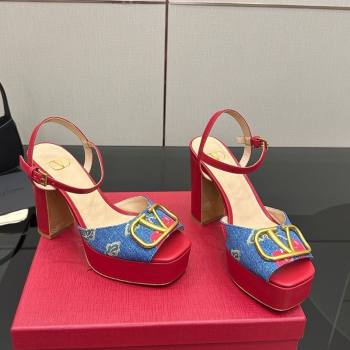Valentino VLogo Signature Cherryfic Platform Sandals in Denim and Leather Blue/Red 2025 1028 (MD-251028005)
