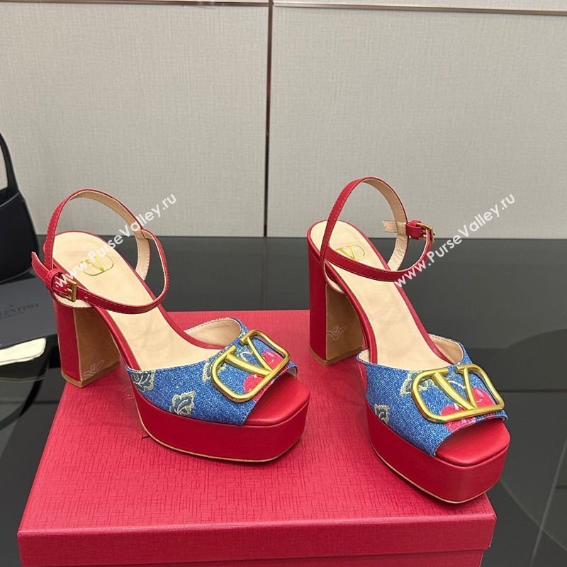 Valentino VLogo Signature Cherryfic Platform Sandals in Denim and Leather Blue/Red 2025 1028 (MD-251028005)