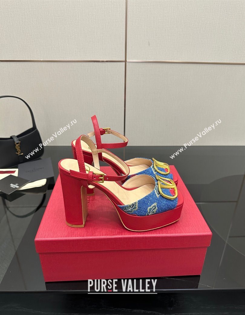 Valentino VLogo Signature Cherryfic Platform Sandals in Denim and Leather Blue/Red 2025 1028 (MD-251028005)